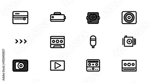 Audio and video technology device line icons set. Outline vector symbols for cameras, projectors, microphones, sound and media equipment.