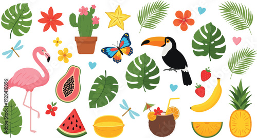Tropical jungle collection with flamingo toucan palm leaves exotic fruits and flowers vector illustration set