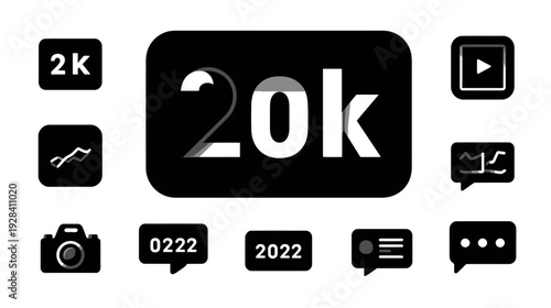 Digital Icons Set. Black and white flat design symbols for social media metrics, online engagement, data analytics, followers, and content statistics.