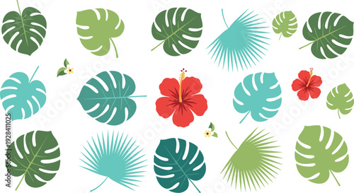 Tropical monstera palm leaves and hibiscus flowers collection vibrant summer botanical vector illustration set