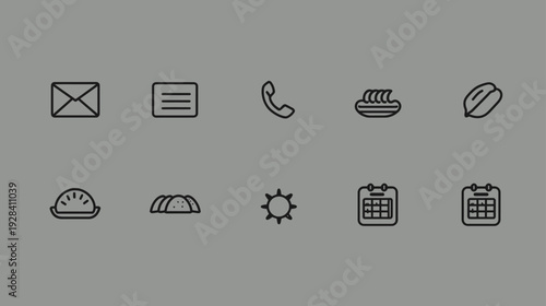 Vector outline icons for communication, business, food, weather, time, and industry. Simple graphic elements on a grey background.
