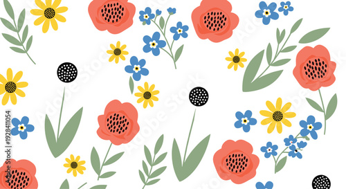 Seamless floral pattern with colorful wildflowers, leaves and botanical elements in flat design style vector illustration