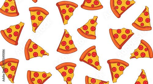 Seamless pepperoni pizza slice pattern with cheesy toppings colorful fast food vector illustration background