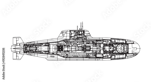 Submarine Cutaway Blueprint Technical Drawing