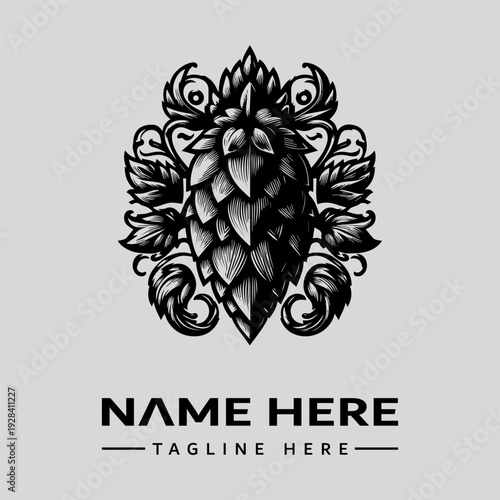 A black and white illustration of a hop cone surrounded by floral patterns and leaves with a placeholder text for a name and tagline in a vintage engraving style against a light gray