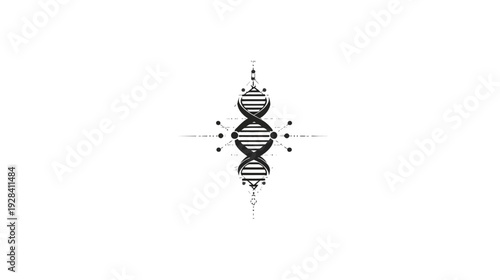 Abstract DNA Double Helix Symbol with Sacred Geometry Elements. Minimalist Black and White Scientific Spiritual Concept Art.