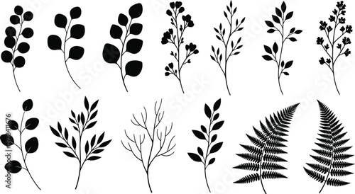 Collection of various plant silhouettes