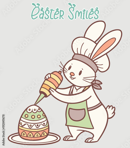 Easter bunny chef decorating an egg with frosting from a piping bag.