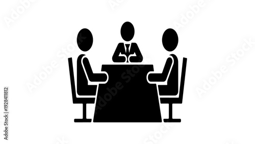Business meeting icon with three people sitting around a desk in flat vector style.