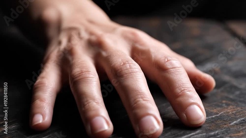 A close-up of a hand resting on a textured, dark wooden surface