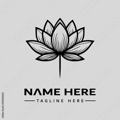 Black and white lotus flower logo illustration with bold lines and a simple, clean design on a light gray background, featuring space for a business name and tagline.