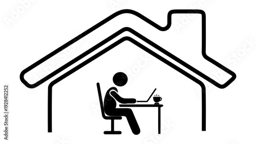 Work from home icon with person sitting at desk with laptop and coffee cup under house roof outline.