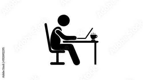 Freelancer or remote worker silhouette sitting on a chair using a computer in a cafe or home office.