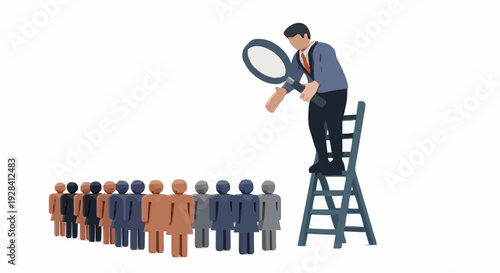 A manager with a magnifying glass on a ladder surveys a line of diverse employees