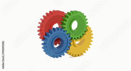 Dynamic interlocking multicolored gears representing collaboration, teamwork, and synchronized mechanical processes
