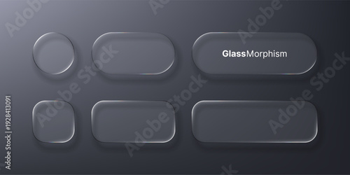 Various transparent glass morphism shapes on dark background with reflection. Modern glass effect ui design element for web application.
