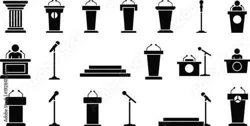 Collection of lectern and podium silhouettes with microphones