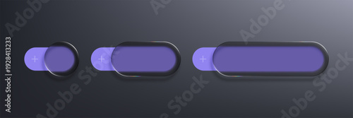 Liquid glass morphism vector buttons with plus symbol. UI design element. Modern interface for web design or mobile app development.