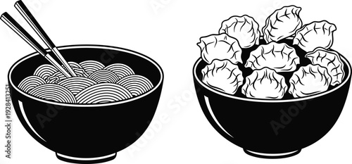 Asian cuisine bowls with noodles and dumplings, black and white vector illustration set, traditional food design isolated on white background
