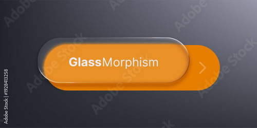 Glass morphism user interface element with text and arrow symbol. Modern liquid button shape. UI/UX design trend for digital layout.
