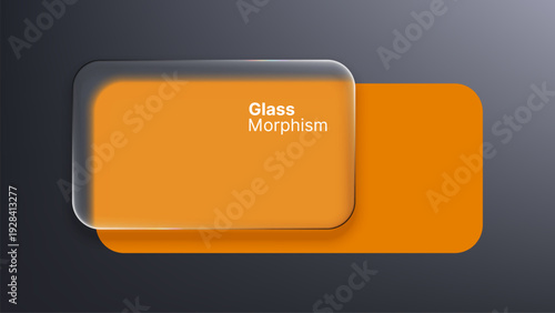 Glass morphism interface over orange geometric shape. Liquid glass effect on modern user interface design. Abstract blurred material for web.