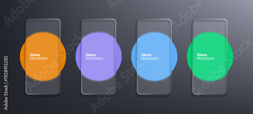 Four clear phone screens with glass morphism effect over colorful circles. Modern transparent design element for user interface.