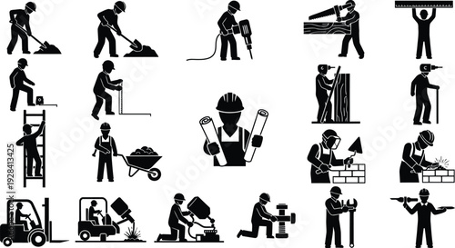 Construction workers engaged in various activities