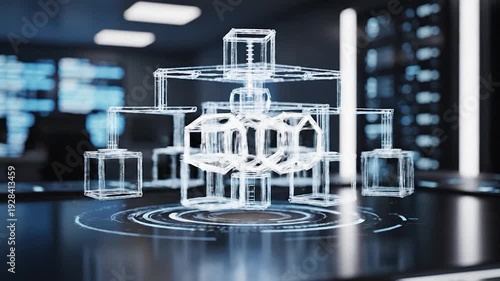 Futuristic digital structure with interconnected geometric shapes displayed on table