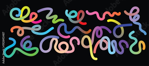 Vibrant colorful neon light strings on black background