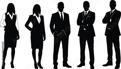 Business people silhouettes collection, professional men and women corporate characters, minimal black vector illustration set, leadership and teamwork concept design
