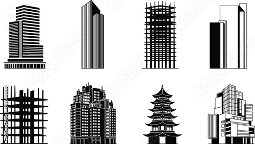 City building silhouettes set including skyscrapers construction structures and pagoda, urban architecture vector illustration isolated in black and white style