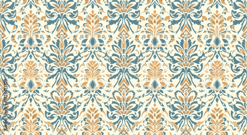 Traditional Floral Damask Ornament in Sophisticated Teal and Ivory Palette
