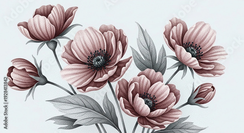 A beautiful illustration of pink flowers with green leaves on a white background