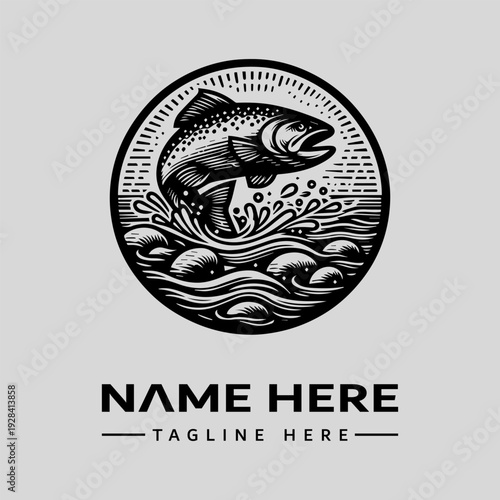 A black and white illustration of a fish jumping out of water in a circular logo with a vintage woodcut style and space for a company name and tagline.