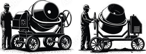 Construction worker silhouettes operating concrete mixer machines, industrial equipment vector illustration isolated in black and white engineering and building theme