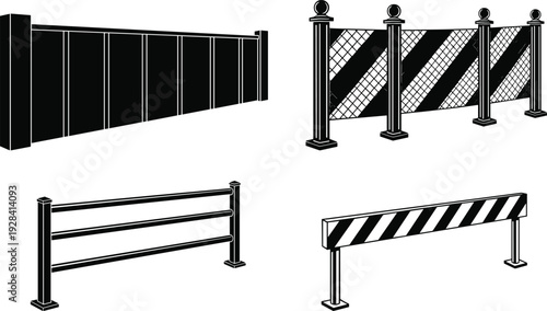 Fence and barrier silhouettes set including security gate and road block, construction vector illustration isolated in black and white style