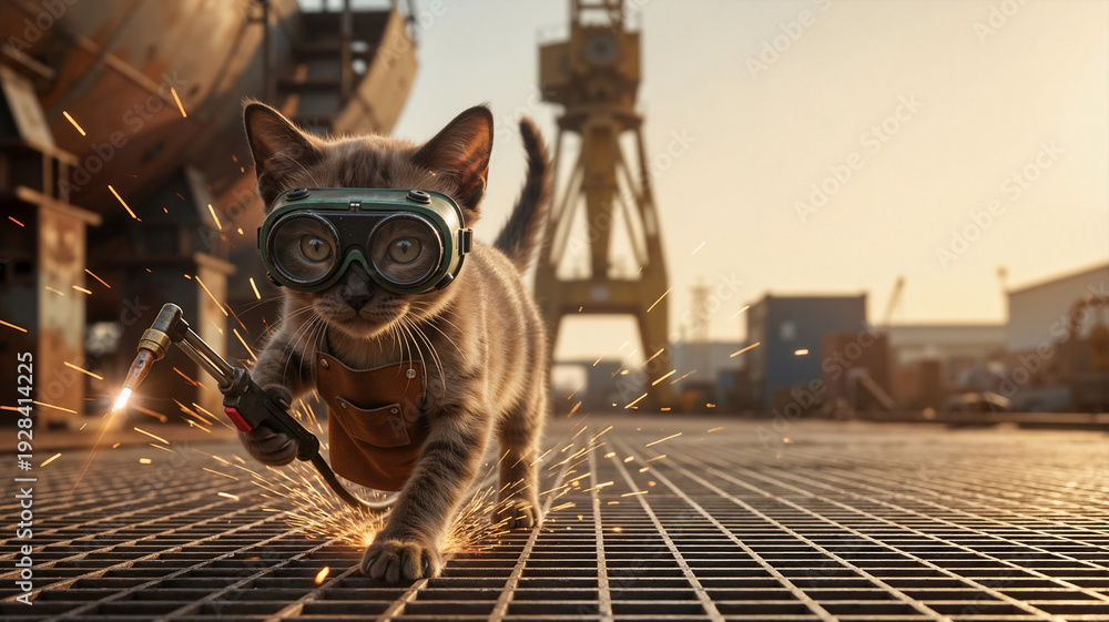 Fototapeta premium Welder kitten wearing safety goggles and apron with a torch. Industrial cat working in a shipyard with sparks. Professional welder animal feline concept. Copy space for text