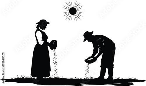 Farmers sowing seeds silhouettes, agricultural planting scene, rural farming lifestyle concept, minimal black vector illustration, traditional countryside work design