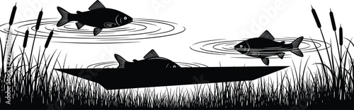 Fish silhouettes swimming in pond with reeds and ripples, aquatic wildlife vector illustration isolated in black and white nature design