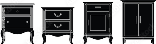 Furniture silhouettes collection with cabinets and drawers, classic home interior storage design, minimal black vector illustration set, decorative decor elements