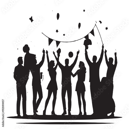 People celebrating at beach party with palm trees and bunting  People enjoying a vibrant beach party with Ferris wheel and palm trees