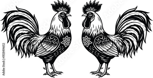 Ornate rooster silhouettes facing each other, decorative farm animal vector illustration isolated in black and white vintage engraving style