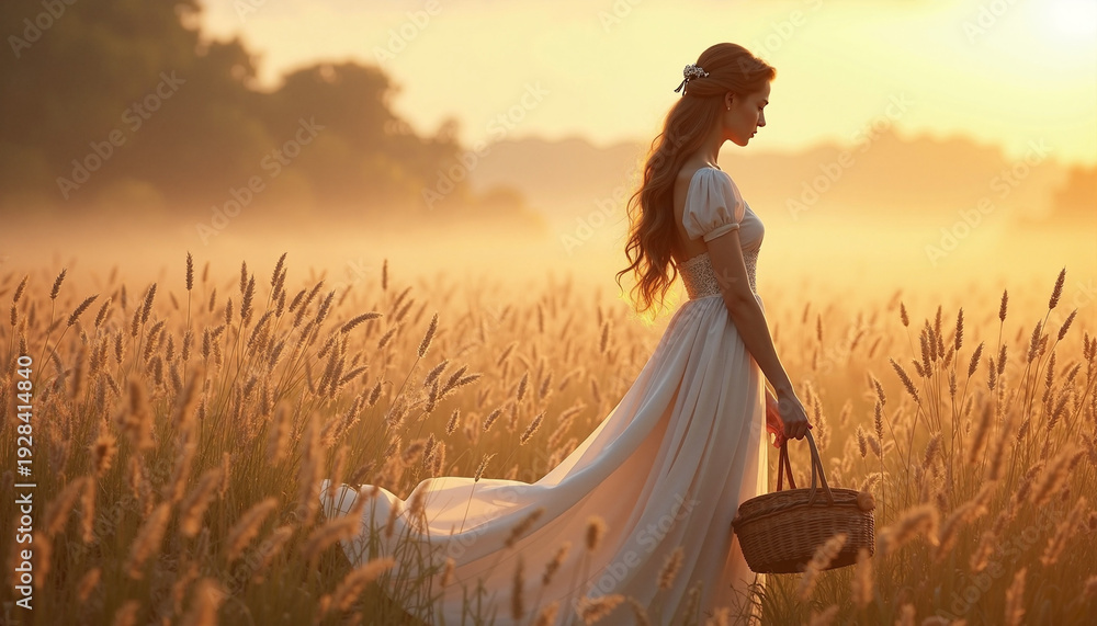 Obraz premium Woman in white dress walking through golden field at sunset, holding basket filled with wildflowers. This serene scene captures the beauty of nature and tranquility while embodying peaceful moments.