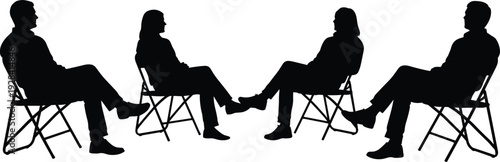 Relaxed people silhouettes sitting on folding chairs, casual seating poses collection, minimal black vector illustration, leisure lifestyle concept design