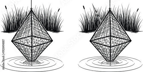 Fishing net trap silhouettes in water with reeds, traditional fish cage vector illustration isolated in black and white style