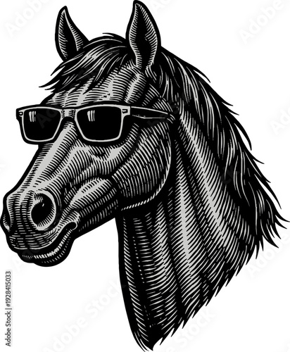 Thoroughbred Horse Wearing Sunglasses Hand Drawn Engraving Vector Style Isolated Equine Illustration