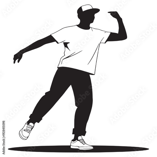 Modern t-shirt design with stylish black graphic on white background  Elegant woman dancing with arms raised in dynamic pose