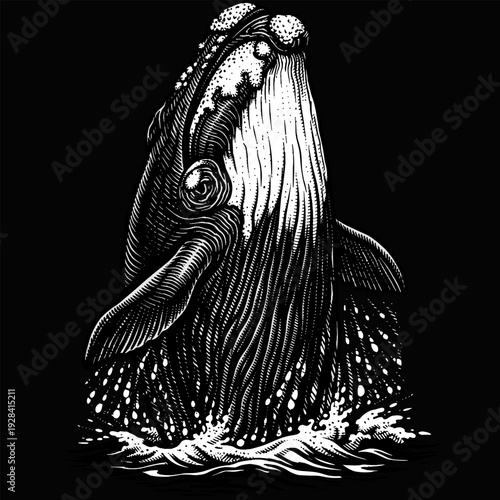 Right Whale Breaching Ocean Surface Woodcut Style Vector Illustration Massachusetts Marine Life Mascot Design