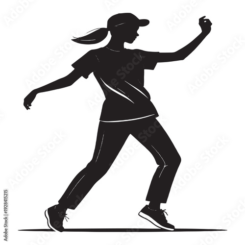 Modern t-shirt design with stylish black graphic on white background  Elegant woman dancing with arms raised in dynamic pose