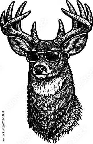 White-tailed Deer Buck Wearing Sunglasses Woodcut Style Vector Illustration Michigan State Wildlife Mascot